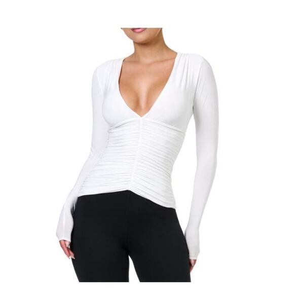 NWOT Naked wardrobe ruched deep v neck top White Size XL - Picture 1 of 9